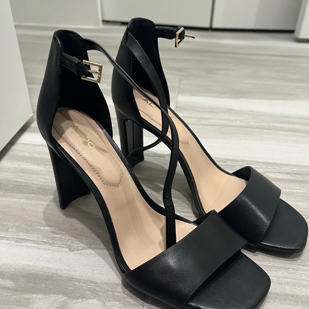 Aldo Black Block Heel Sandals with Crisscross Straps